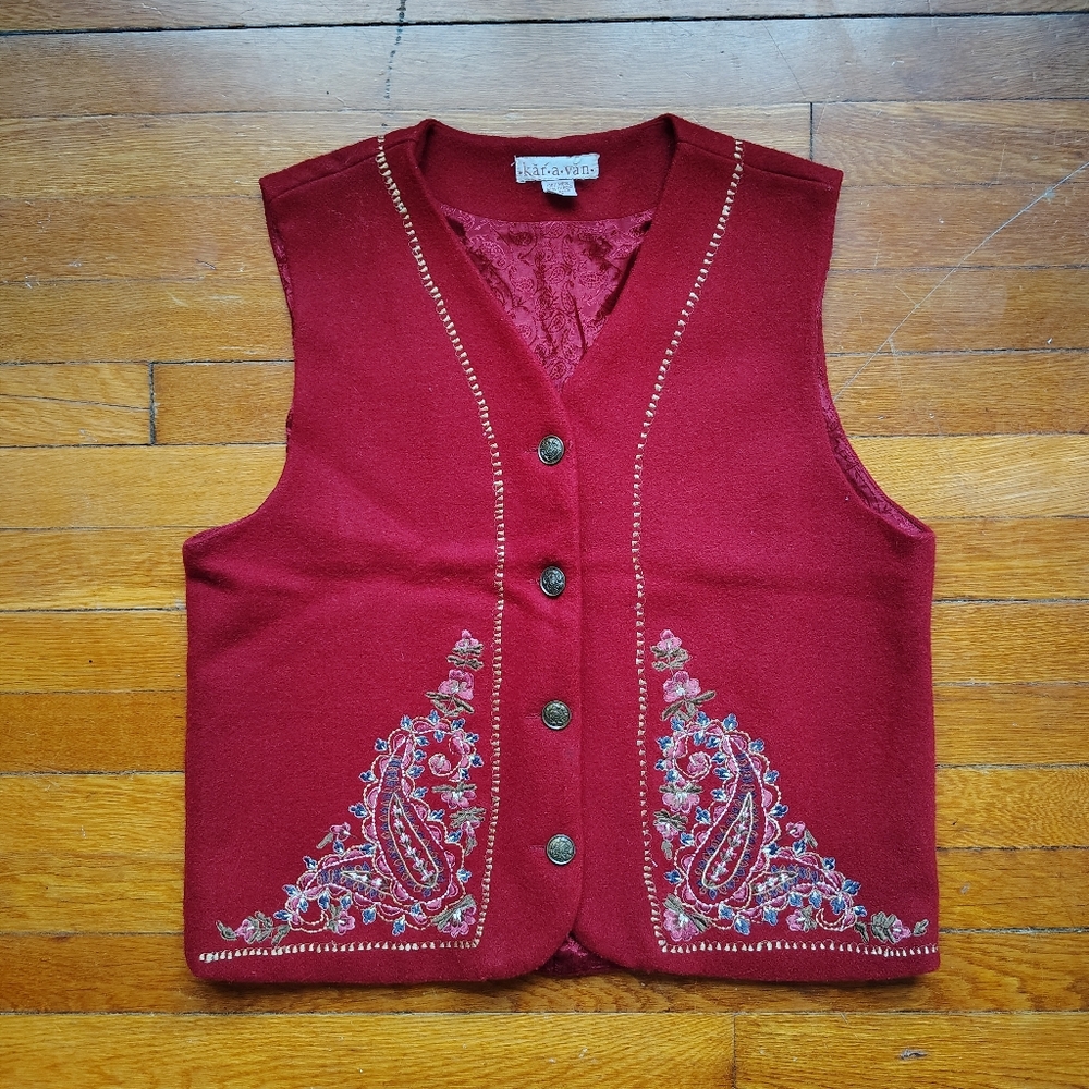 90s Vintage Pure Wool Red Embroidered Vest By Karavan Sz Medium Maroon Burgundy